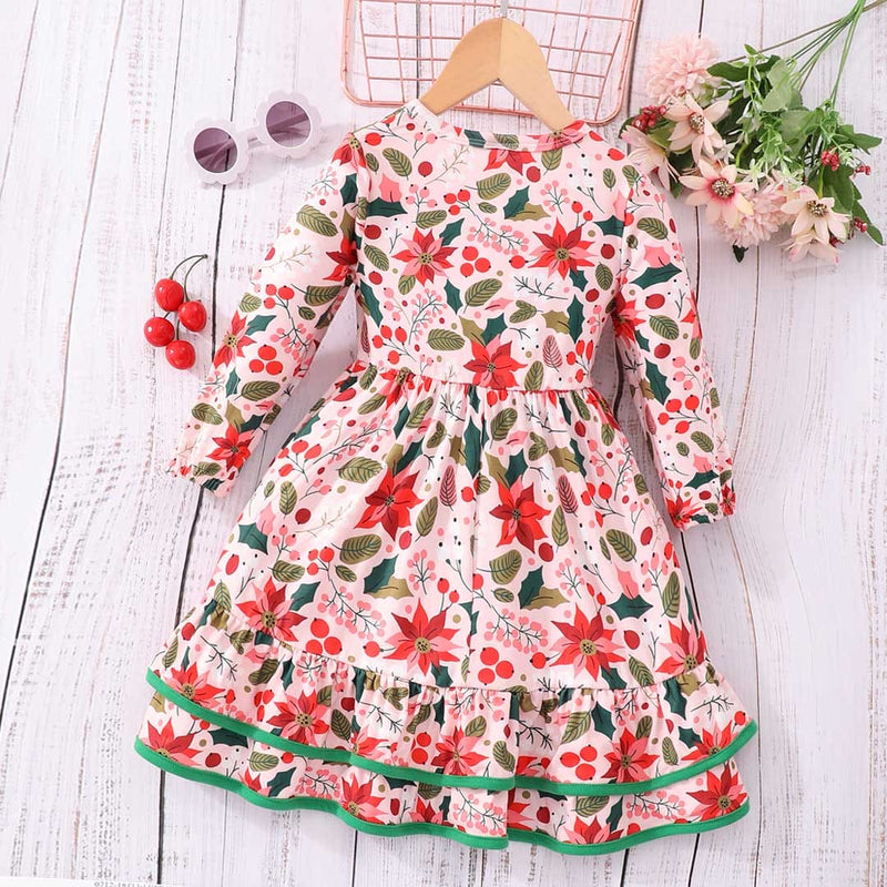 Girls Long Sleeve Floral Printed Fit & Flare Dress Casual Dresses   