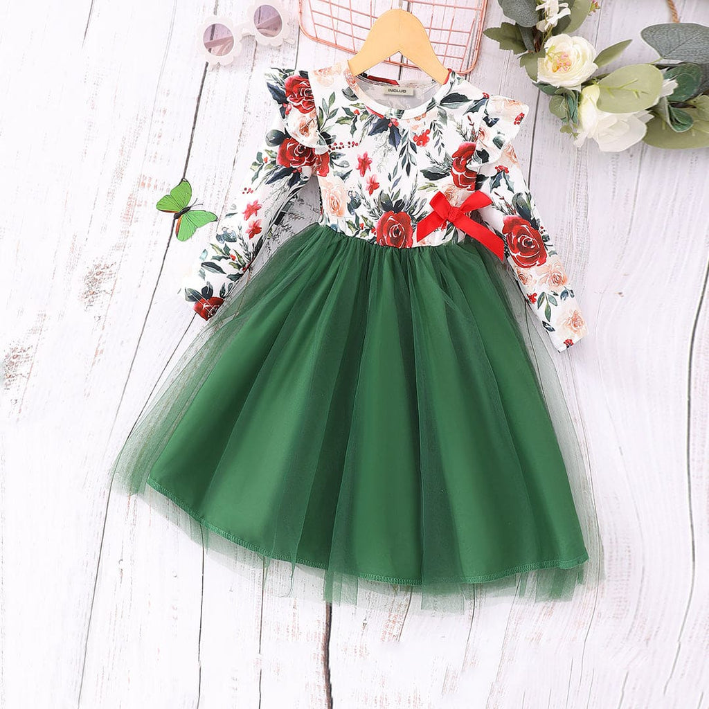 Girls Green Floral Printed Fit & Flare Dress Casual Dresses Green 3-4 Y 