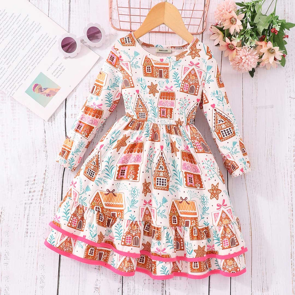 Girls Pink Printed Long Sleeve Fit & Flare Dress Casual Dresses Pink 3-4 Y 