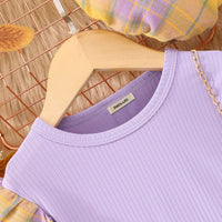 Girls Purple Long Sleeve T-Shirt With Checked Skirt Set Sets   