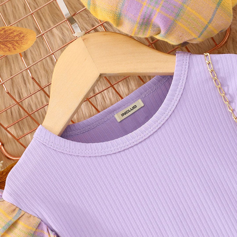 Girls Purple Long Sleeve T-Shirt With Checked Skirt Set Sets   