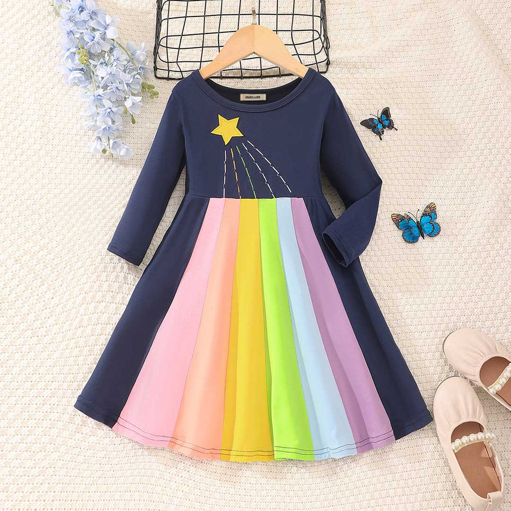 Girls Navy Star Embroidery Fit & Flare Dress