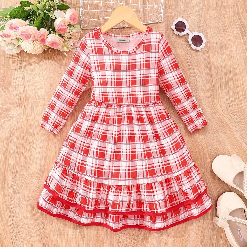 Girls Red Check Printed Long Sleeve Fit & Flare Dress Casual Dresses Red 3-4 Y 