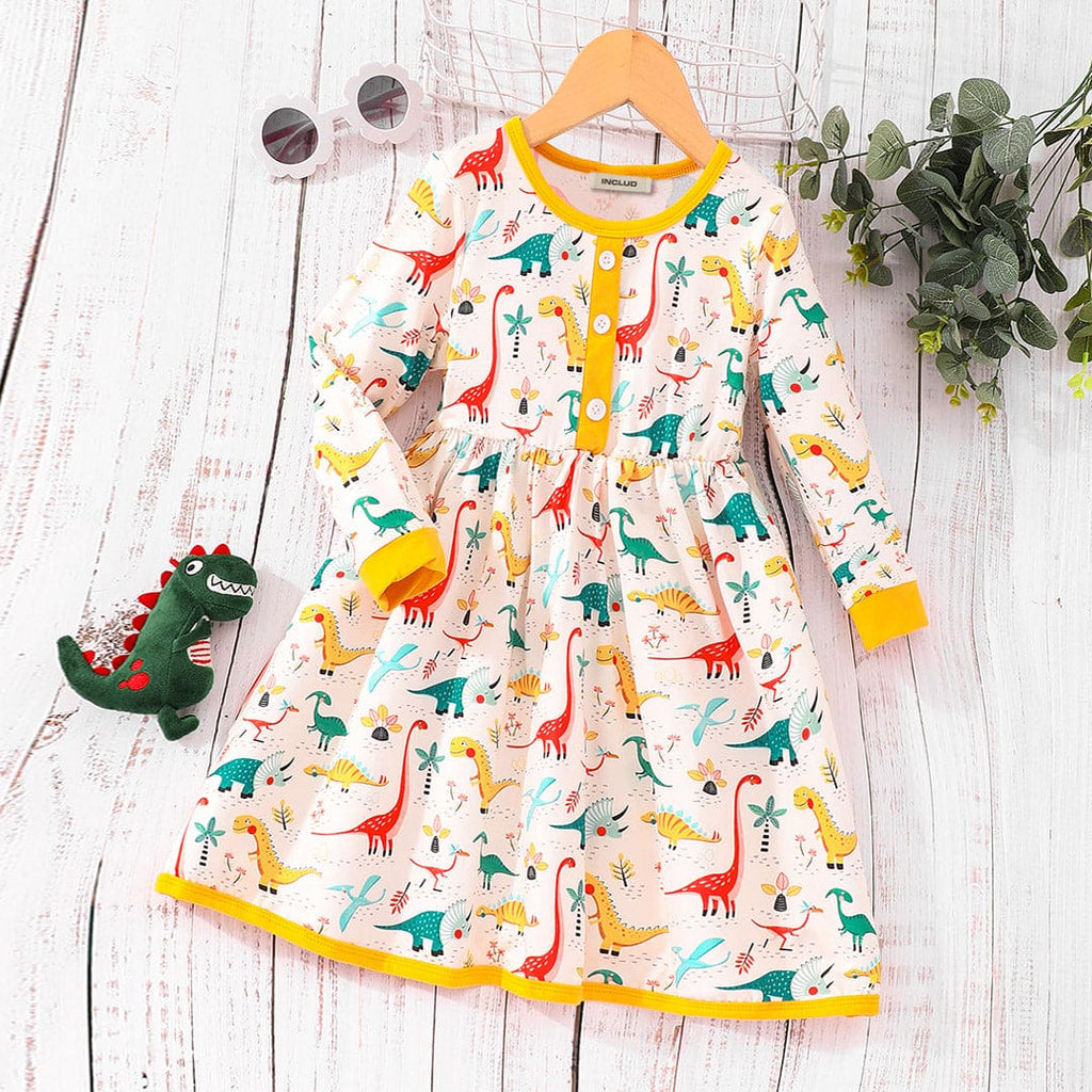 Girls Yellow Dinosaur Printed Fit & Flare Dress Casual Dresses Yellow 3-4 Y 