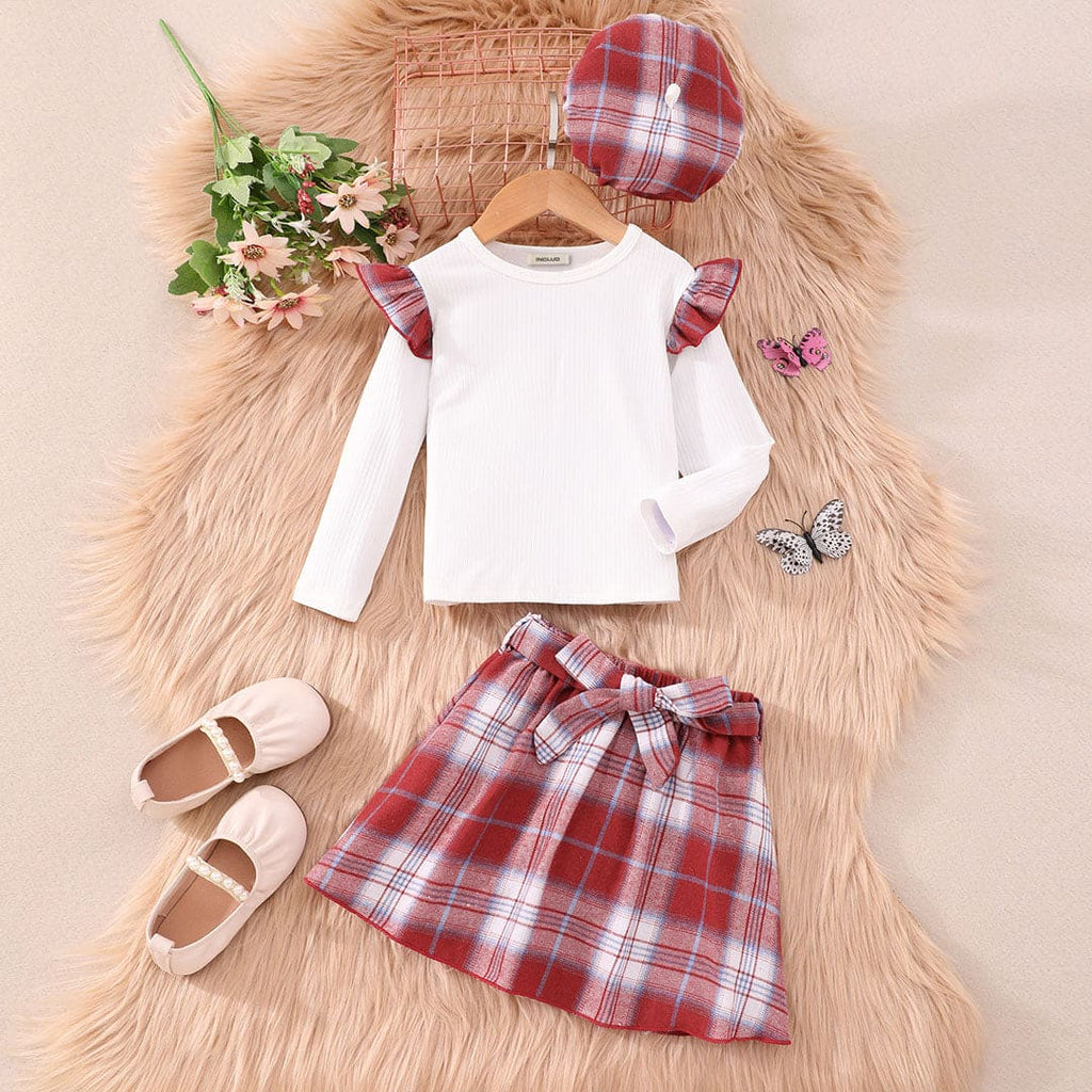 Girls Red Long Sleeve T-Shirt With Checked Skirt Set Sets Red 2-3 Y 