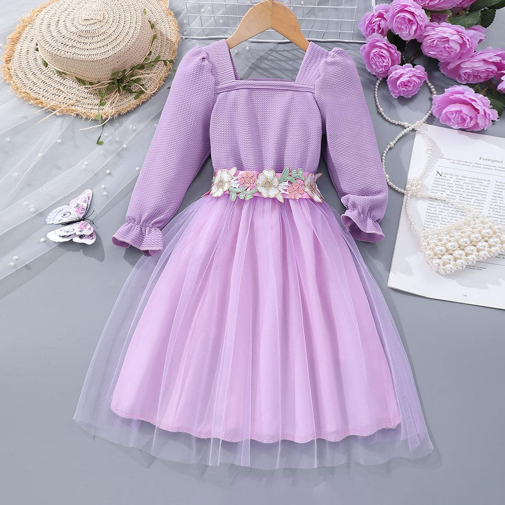 Girls Purple Flower Belted Square Neck Fit & Flare Dress Casual Dresses Purple 3-4 Y 