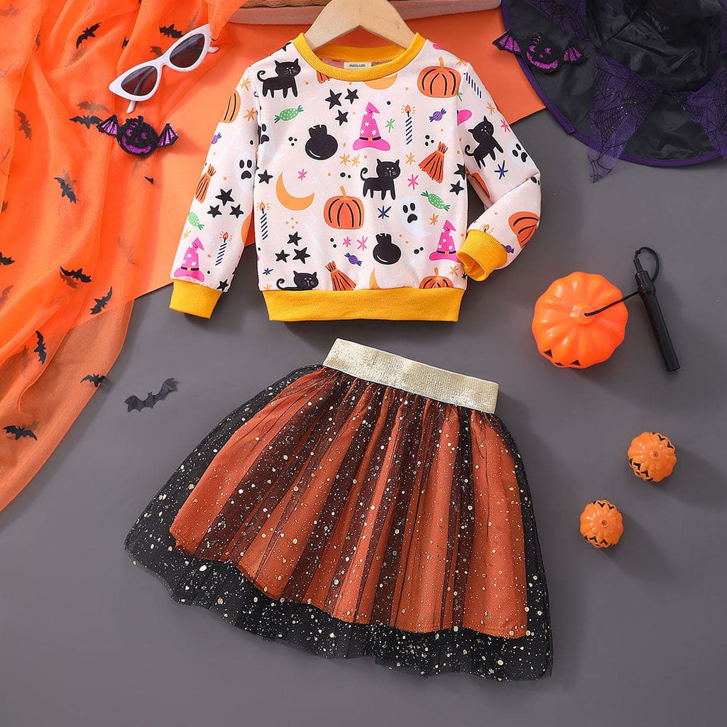 Girls Orange Halloween Printed Sweatshirt With Skirt Set Sets Orange 3-4 Y 