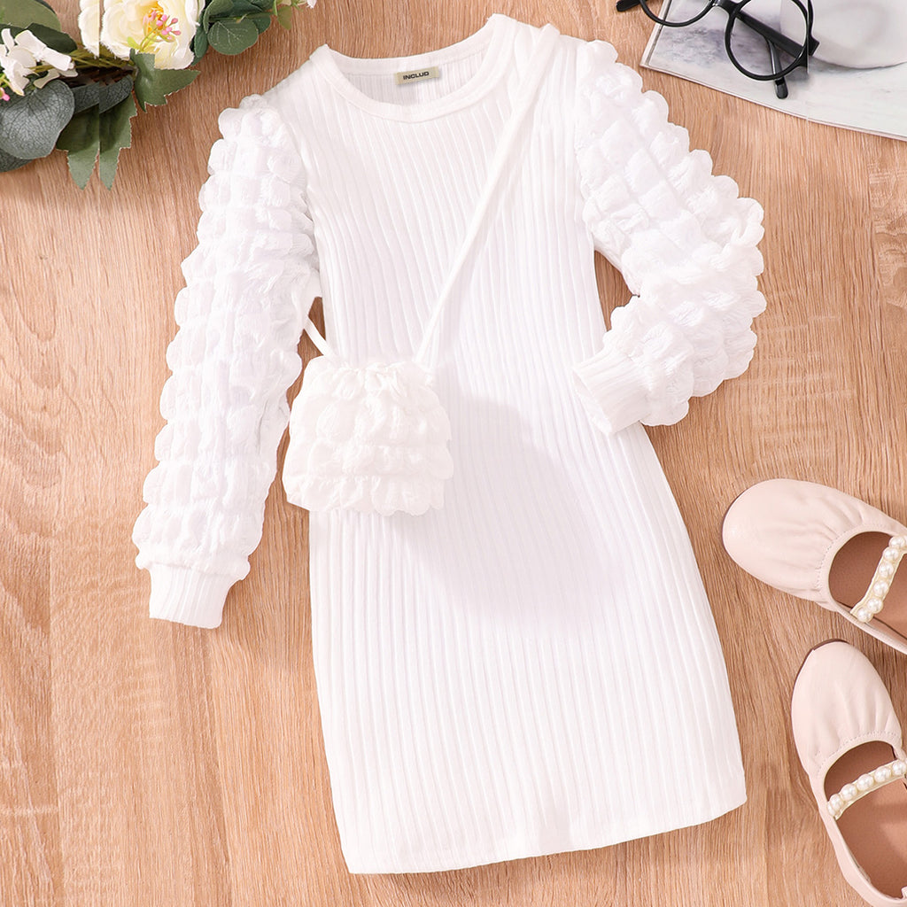 Girls White Puff Sleeve Slim Dress Casual Dresses White 3-4 Y 