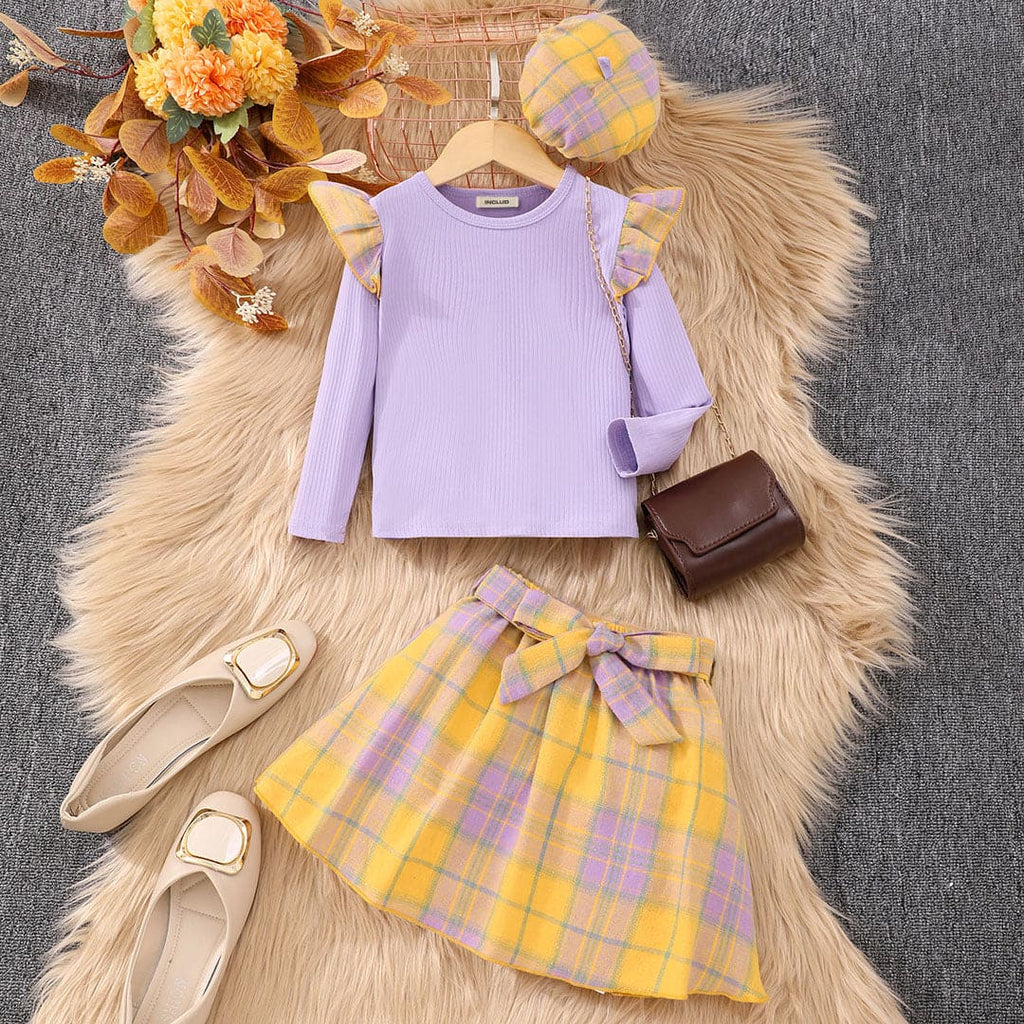 Girls Purple Long Sleeve T-Shirt With Checked Skirt Set Sets Purple 2-3 Y 