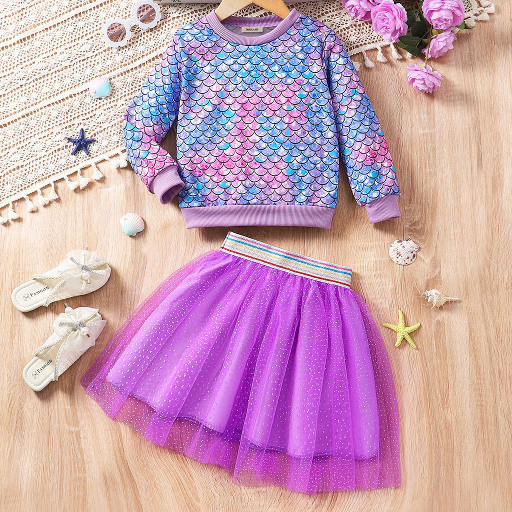 Girls Blue Printed Sweatshirt With Skirt Set Sets Blue 3-4 Y 