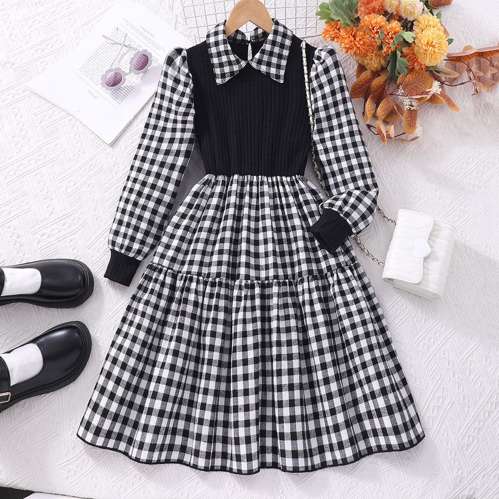 Girls Black Long Sleeve Checked Layard Dress Casual Dresses Black 8-9 Y 