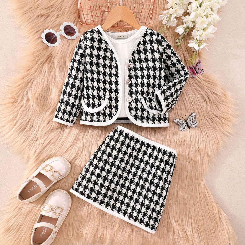 Girls Black Houndstooth Print Jacket With Skirt Set Sets Black 2-3 Y 