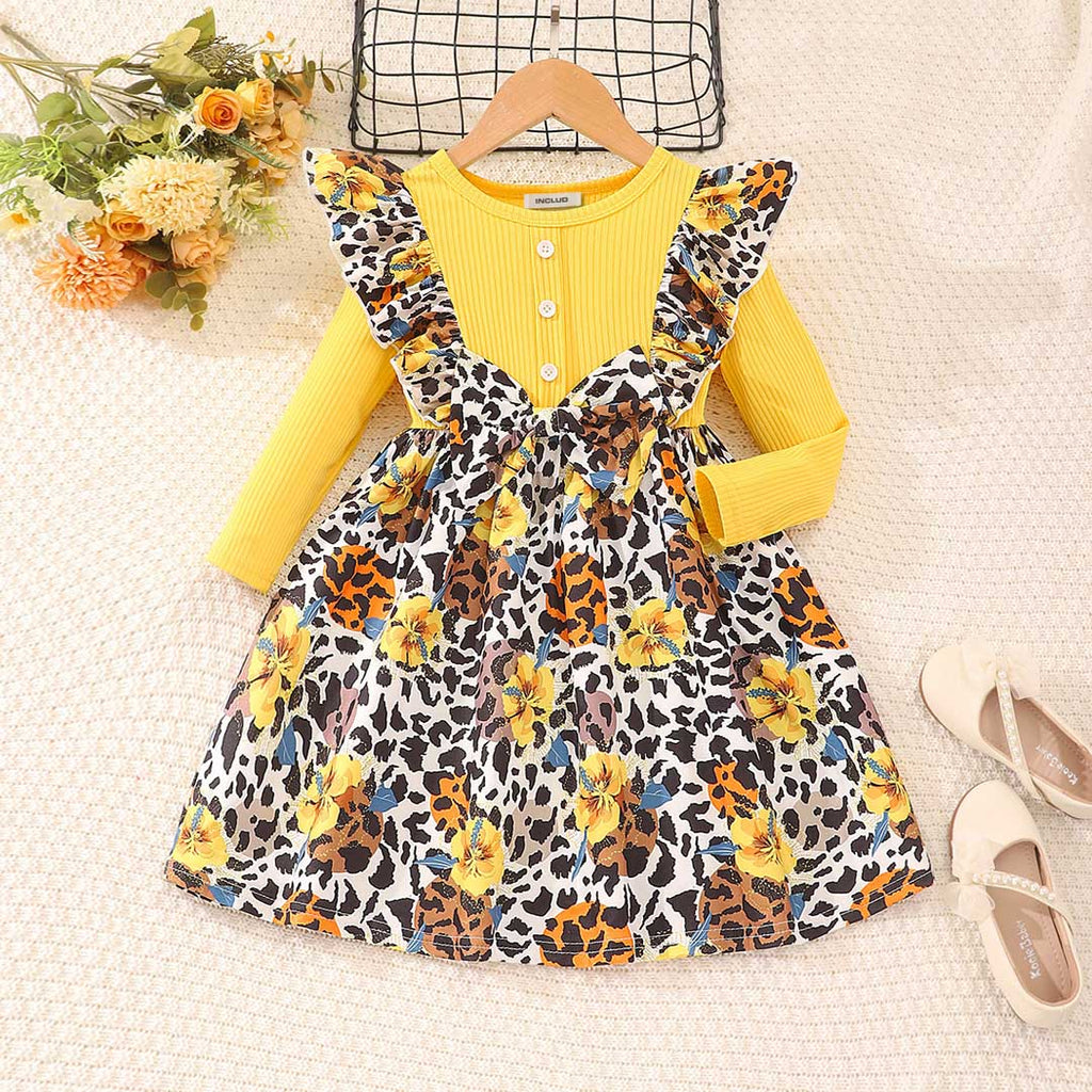 Girls Yellow Animal Print Fit & Flare Dress