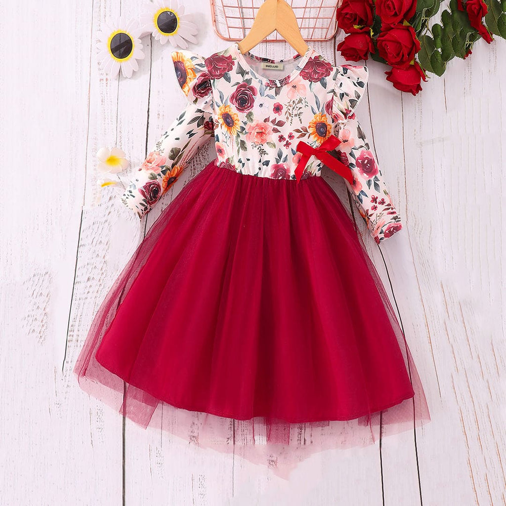 Girls Red Floral Printed Fit & Flare Dress Casual Dresses Red 3-4 Y 