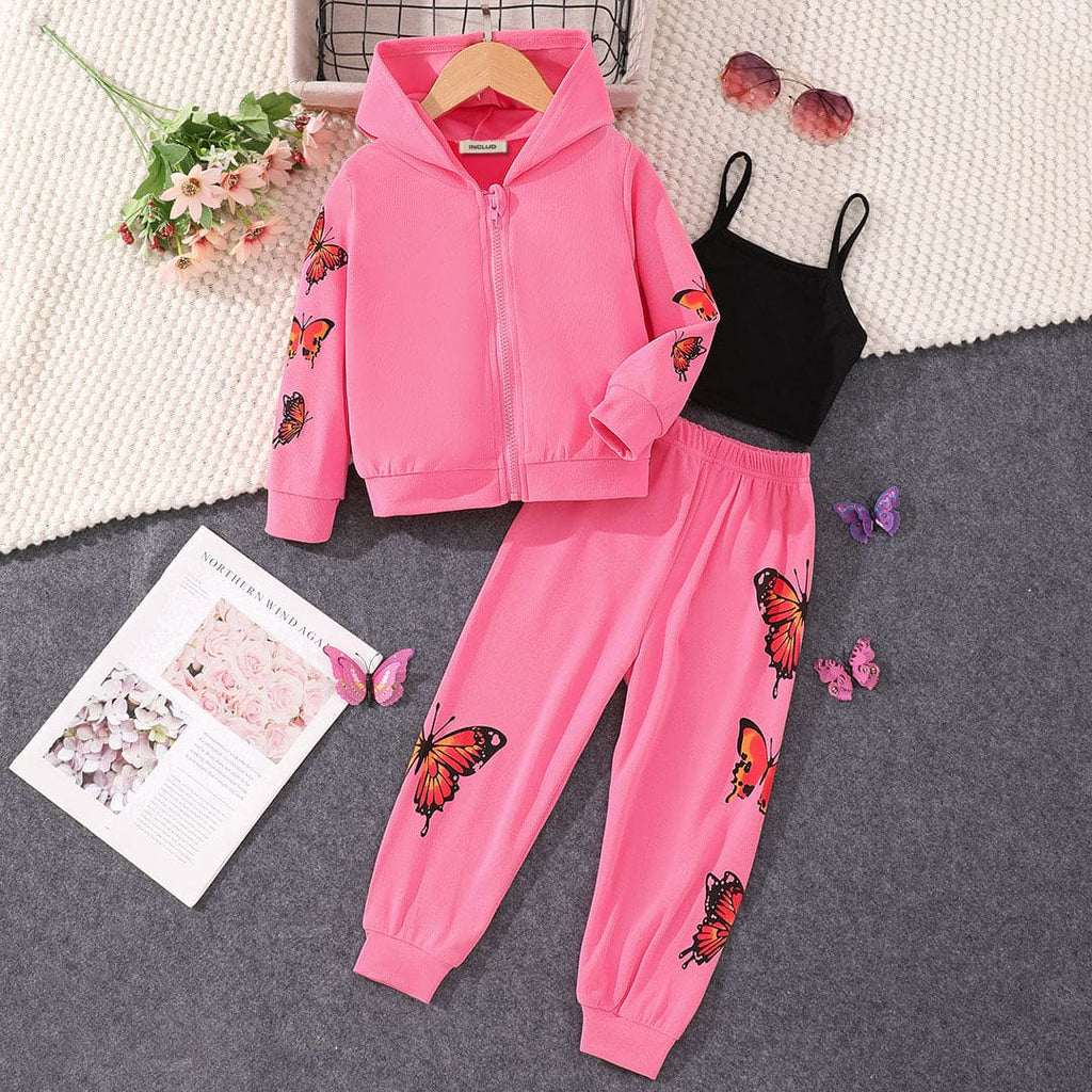 Girls Pink Butterfly Print Sweatshirt With Camisole Top And Pants Set Sets Pink 3-4 Y 