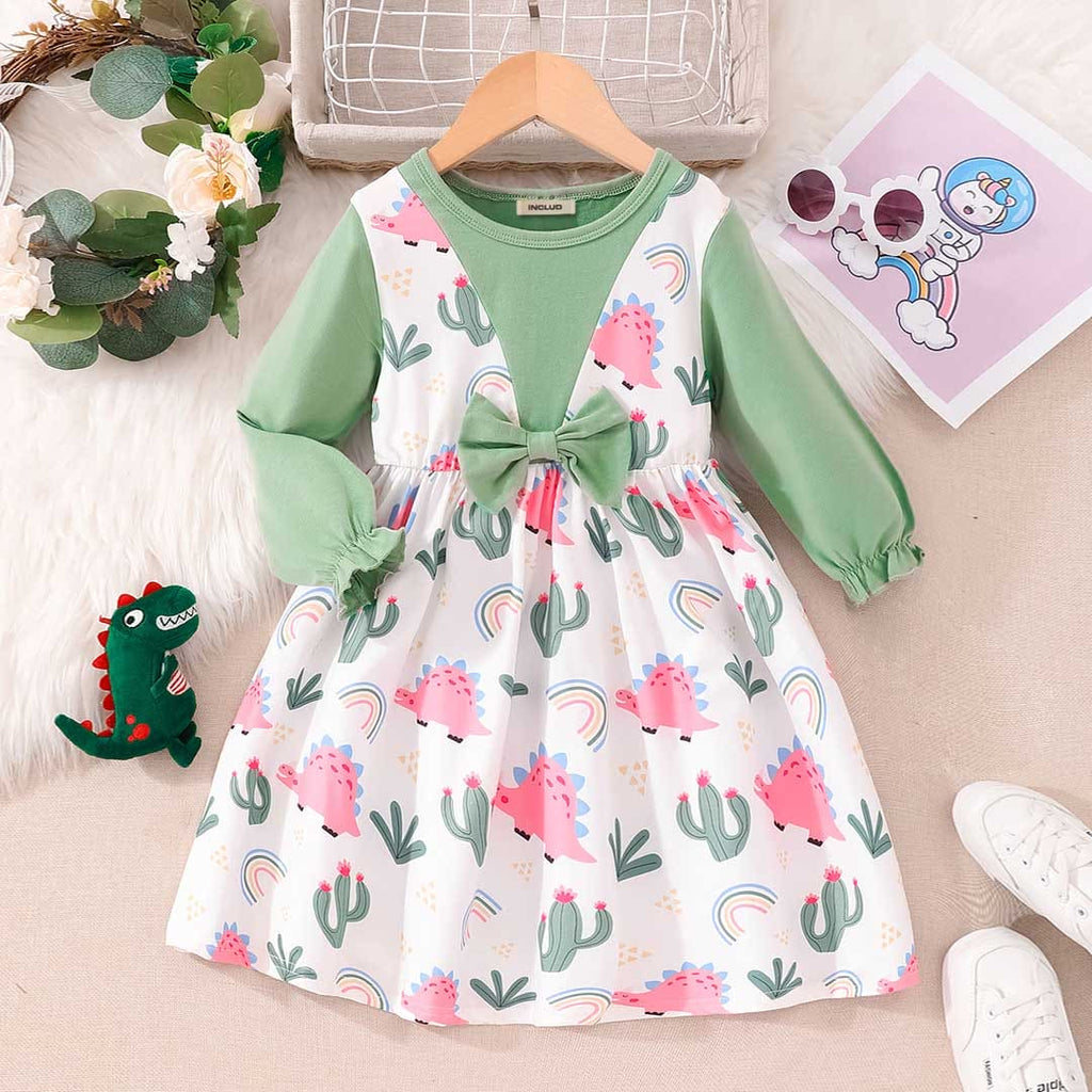 Girls Green Dinosaur Print Fit & Flare Dress Casual Dresses Green 3-4 Y 