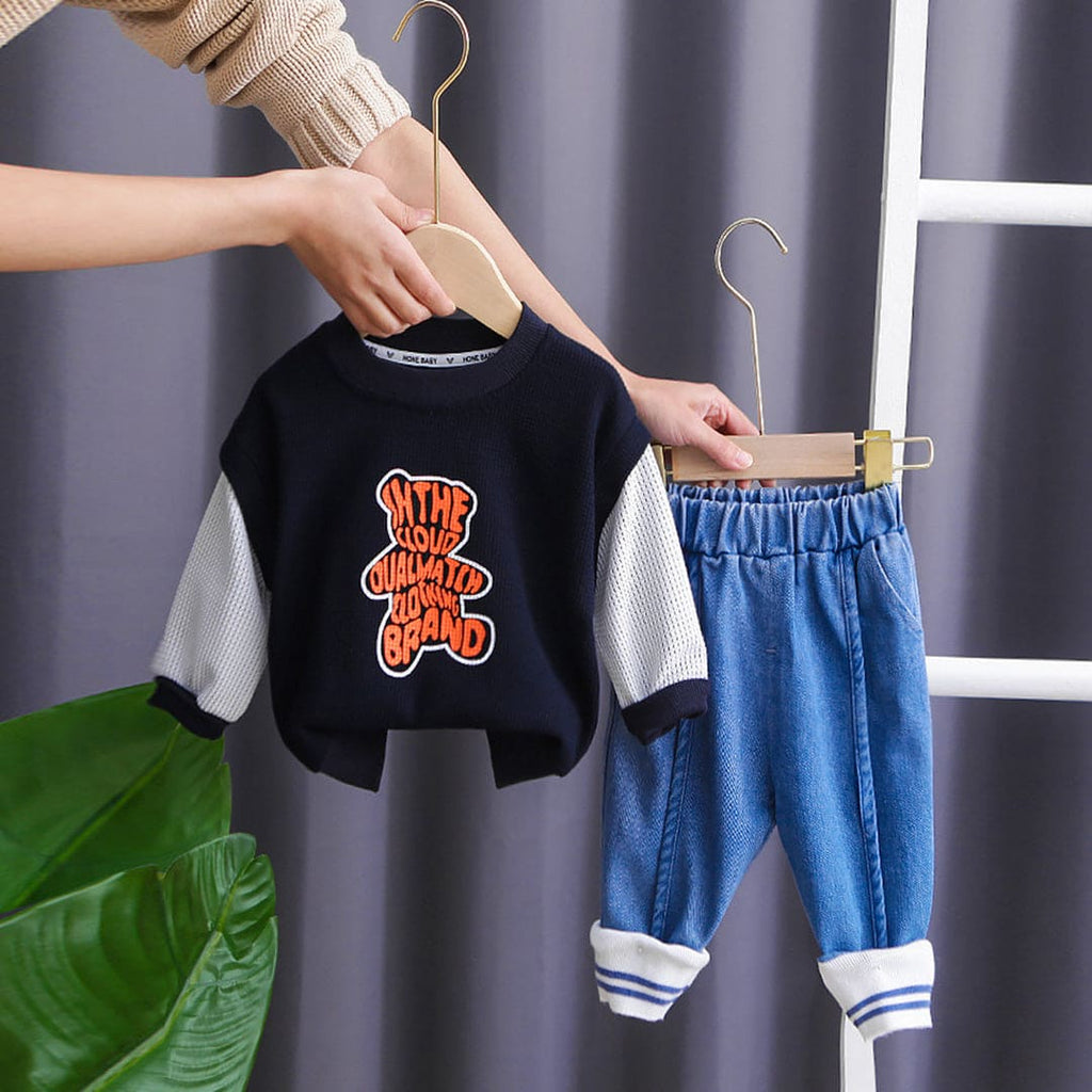 Boys Black Mesh Full Sleeve Printed Stylish Sweatshirt with Denim Joggers Set Sets Black 1-2 Y 