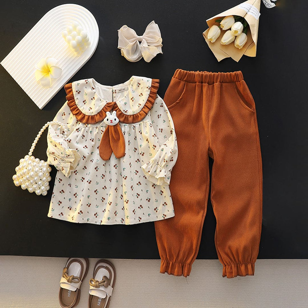 Girls Brown Floral Print Puff Sleeves Peter Pan Collar Top with Elasticated Jogger Set Sets Brown 1-2 Y 