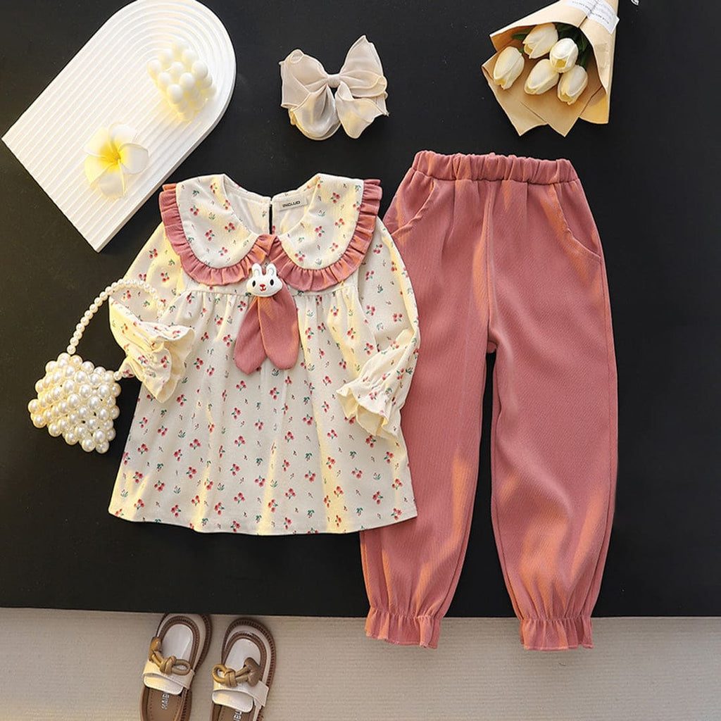 Girls Pink Floral Print Puff Sleeves Peter Pan Collar Top with Elasticated Jogger Set Sets Pink 1-2 Y 