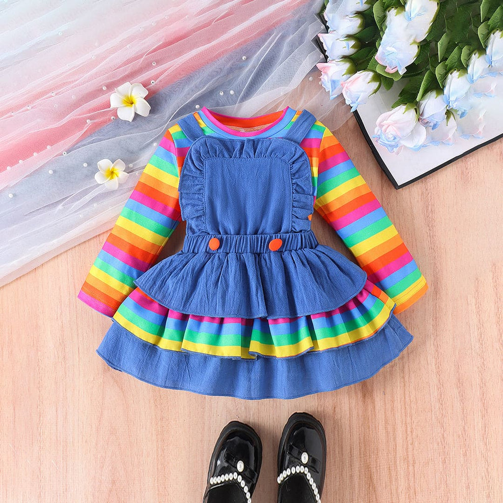 Girls Rainbow Striped Top with Pinafore Dress Set Casual Dresses Blue 1-2 Y 