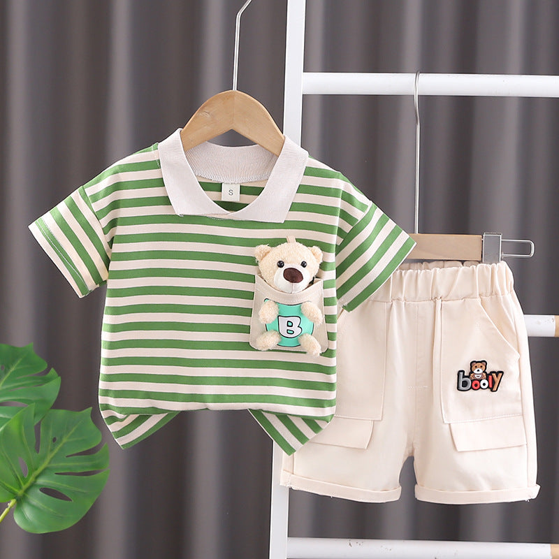 Boys Green Short Sleeve Striped T-Shirt With Elasticated Shorts Sets   