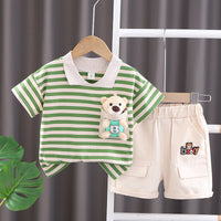 Boys Green Short Sleeve Striped T-Shirt With Elasticated Shorts Sets   
