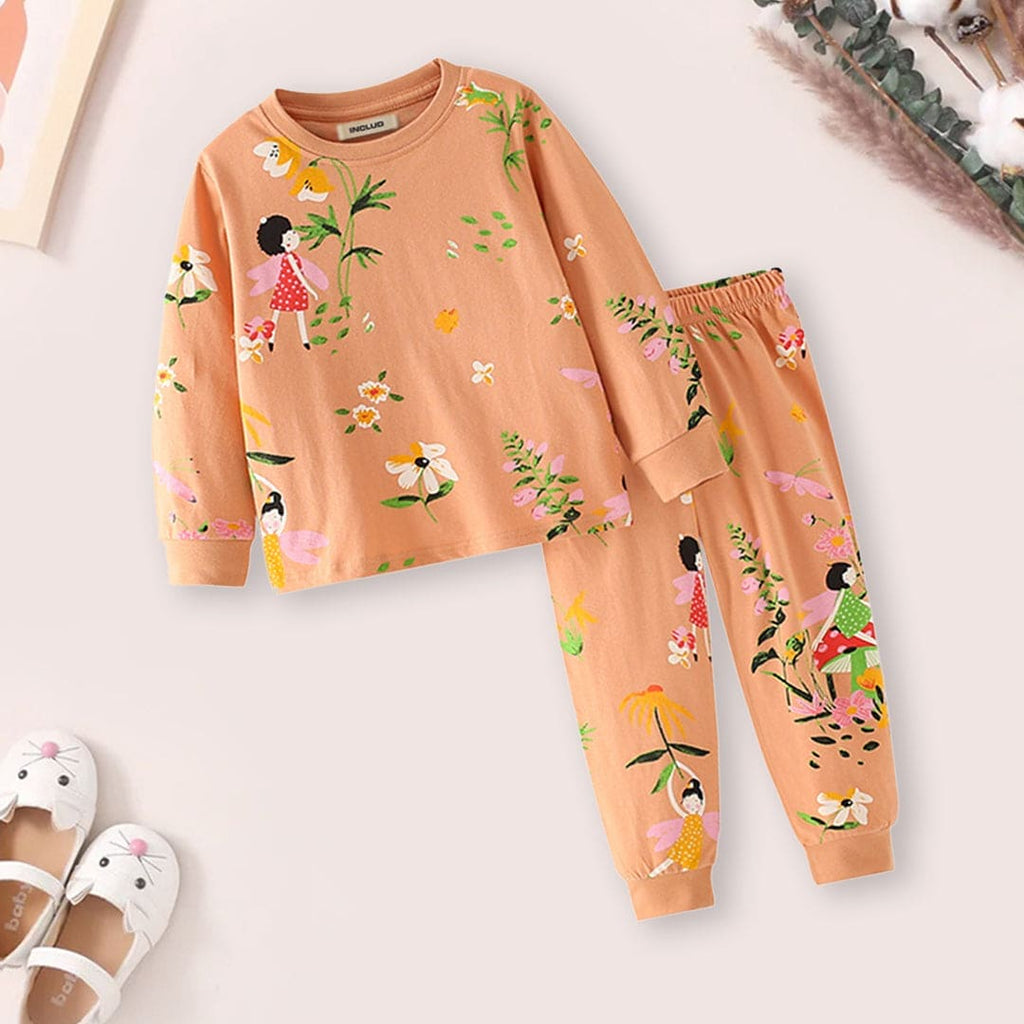 Girls Printed Full Sleeves T-shirt & Joggers Set Sets Peach 1-2 Y 