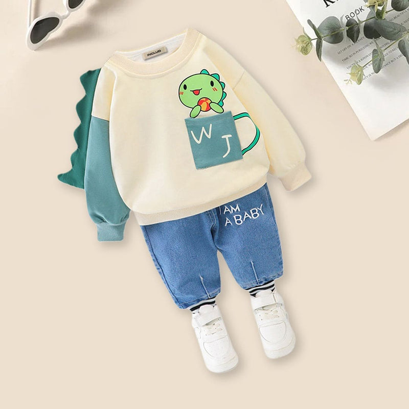 Boys Printed Sweatshirt with Denim Joggers Set Winterwear Sets   