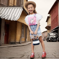 Girls Unicorn Print T-shirt with Denim Skirt Sets   