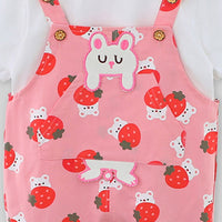 Girls Short Sleeve T-Shirt With Strawberry Printed Dungaree Sets   