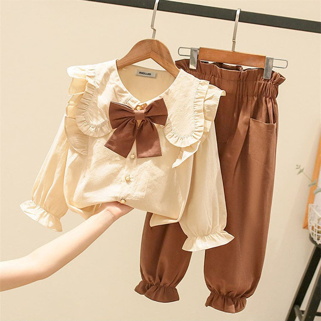 Girls Long Sleeve Top With Bow Applique & Pants
