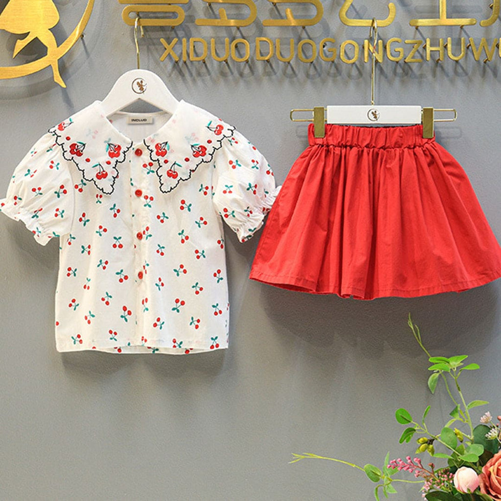 Girls Short Sleeve Cherry Embroidery Top With Skirt