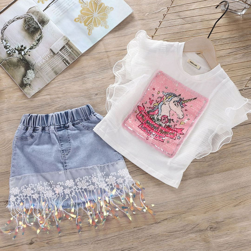 Girls Sequin Applique Top With Denim Skirt Sets   