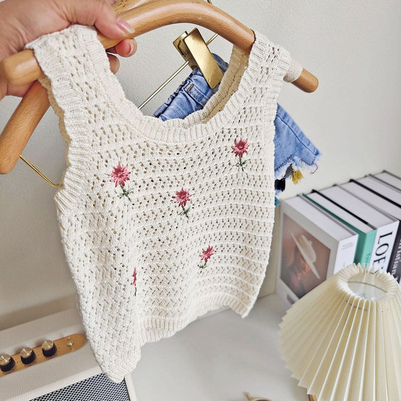 Girls Sleeveless Knitted Top With Denim Shorts Sets   