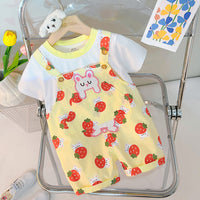 Girls Short Sleeve T-Shirt With Strawberry Printed Dungaree Sets Yellow 1-2 Y 