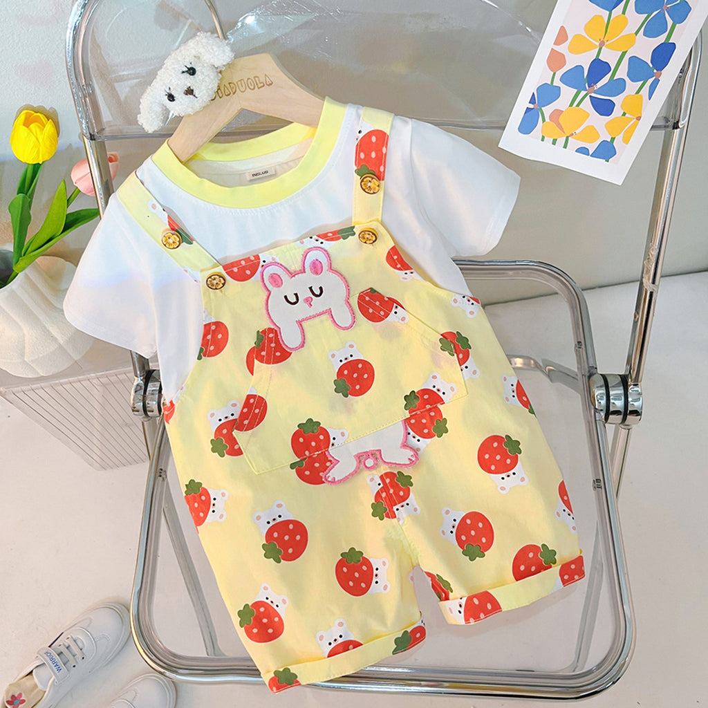 Girls Short Sleeve T-Shirt With Strawberry Printed Dungaree