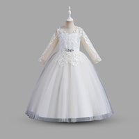 Girls Lacework Full Sleeves Tulle Party Gown Party Dresses White 6-7 Y 