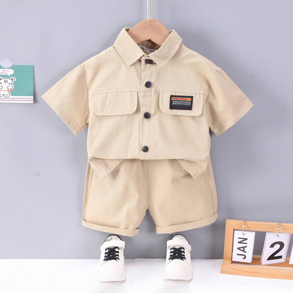 Boys Double Flap Short Sleeve Shirt With Elasticated Shorts Sets Khaki 1-2 Y 