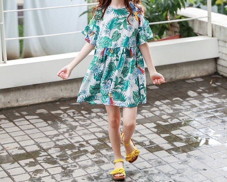 Girls Floral Print Cold Shoulder Dress Casual Dresses Green 4-5 Y 