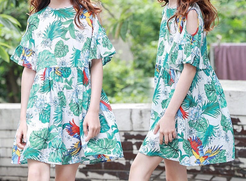 Girls Floral Print Cold Shoulder Dress Casual Dresses   