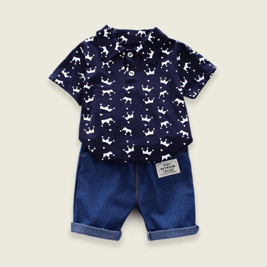 Boys Printed Polo Neck Tshirt with Denim Shorts