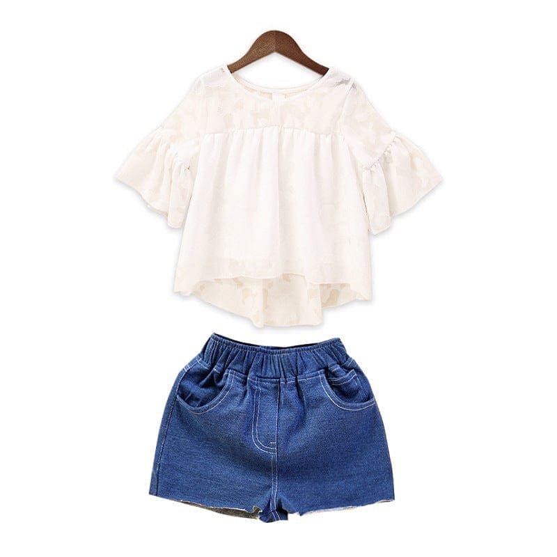 Girls High Low Top with Denim Shorts Set Sets   