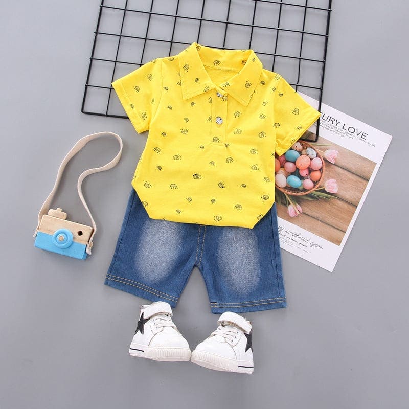 Boys Polo Neck T-shirt with Denim Shorts Set Sets Yellow 1-2 Y 