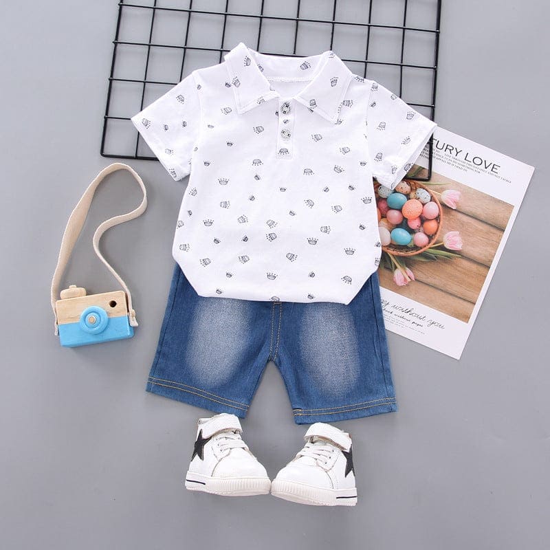 Boys Polo Neck T-shirt with Denim Shorts Set Sets White 1-2 Y 