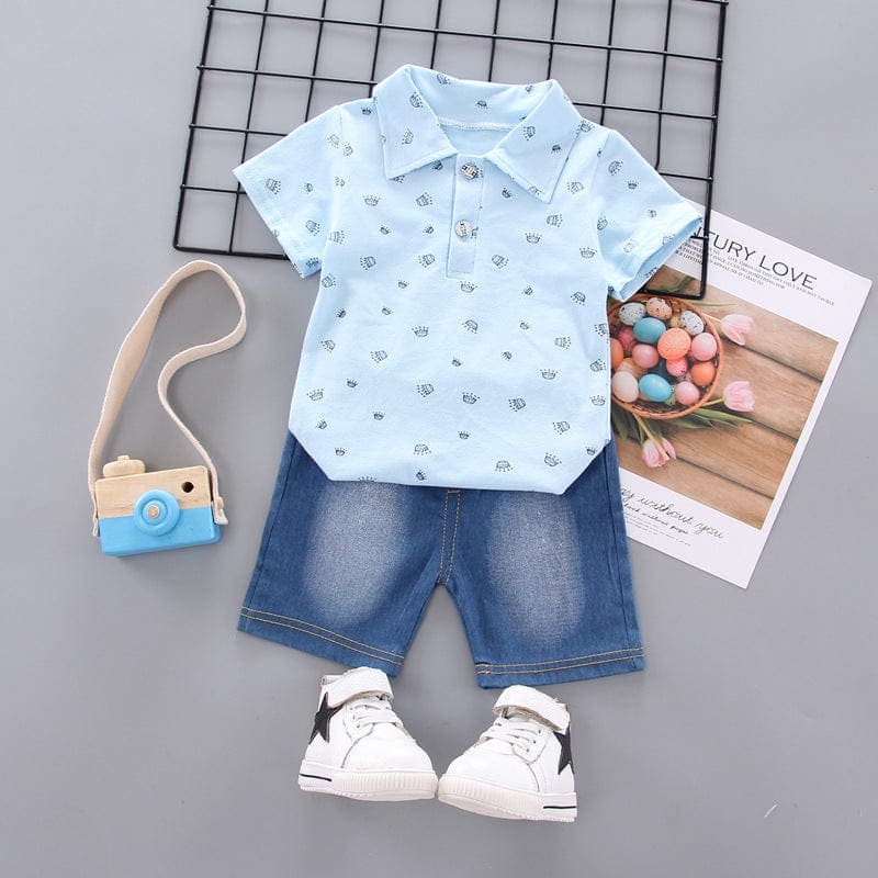 Boys Polo Neck T-shirt with Denim Shorts Set Sets Light Blue 1-2 Y 