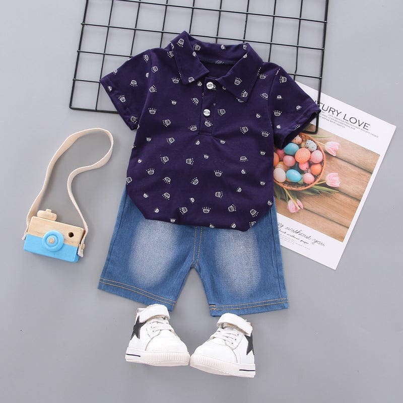 Boys Polo Neck T-shirt with Denim Shorts Set Sets Navy 1-2 Y 