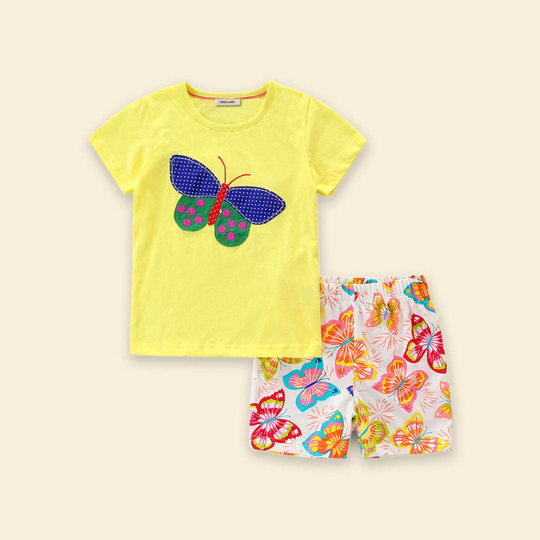 Girls Butterfly Applique T-shirt & Printed Shorts Set Sets   