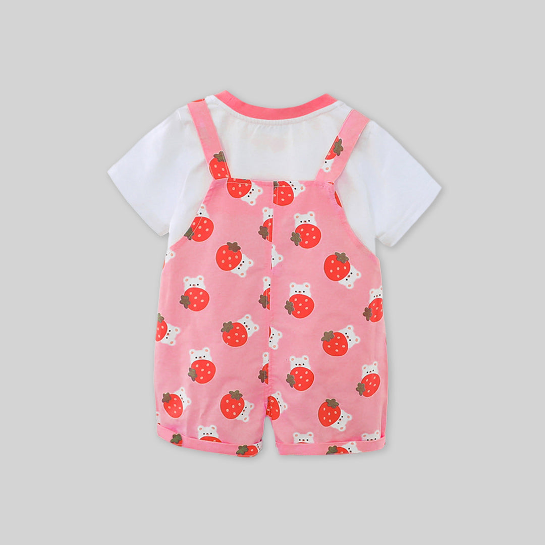 Girls Short Sleeve T-Shirt With Strawberry Printed Dungaree Sets   