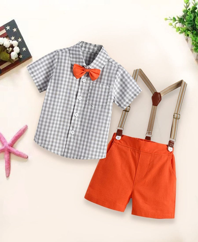 Boys Party Wear Checked Shirt & Solid Suspender With Bow Clothing Sets