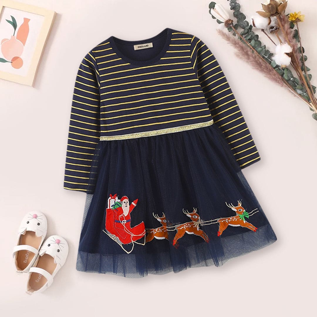 Girls Striped Tulle Overlay Dress Casual Dresses Navy 1-2 Y 